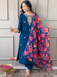 KALINI Floral Embroidered Regular Thread Work Straight Kurta With Trousers & Dupatta