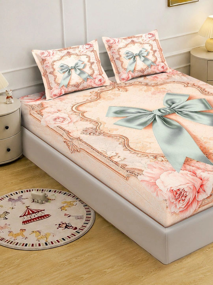 Moda Rapido X KLOTTHE Peach-Coloured & Blue Floral 400 TC King Bedsheet with 2 Pillow Covers