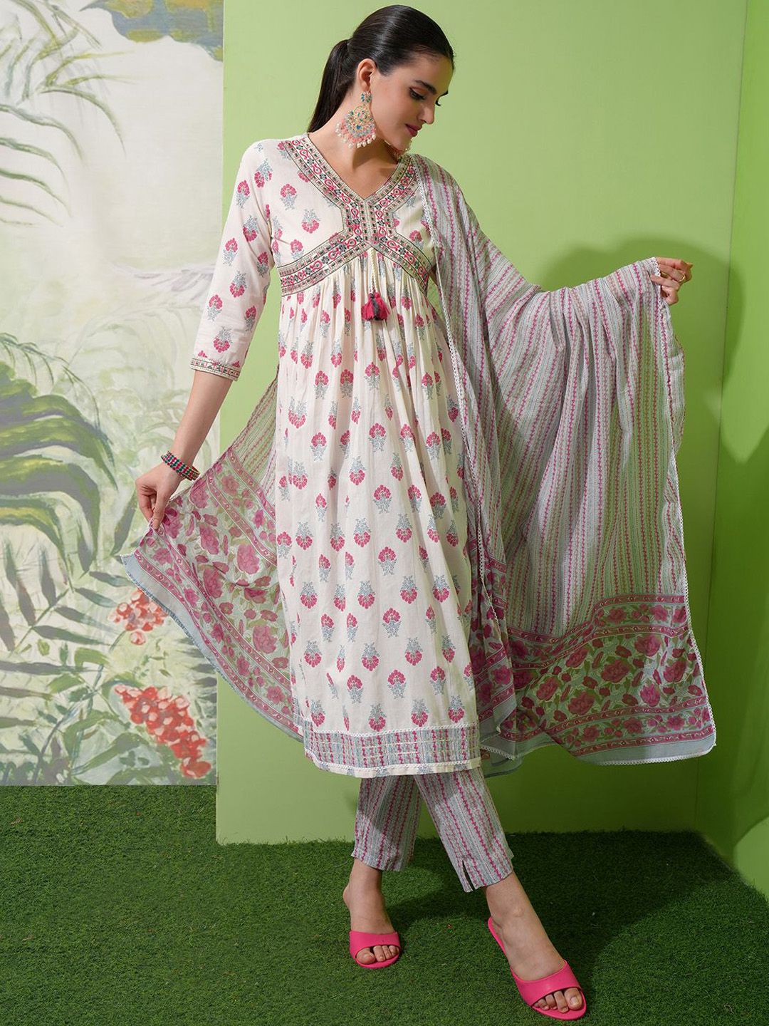 Vishudh White Printed Thread Work Pure Cotton A-Line Kurta with Trousers & With Dupatta