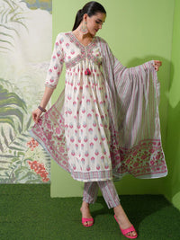 Vishudh White Printed Thread Work Pure Cotton A-Line Kurta with Trousers & With Dupatta