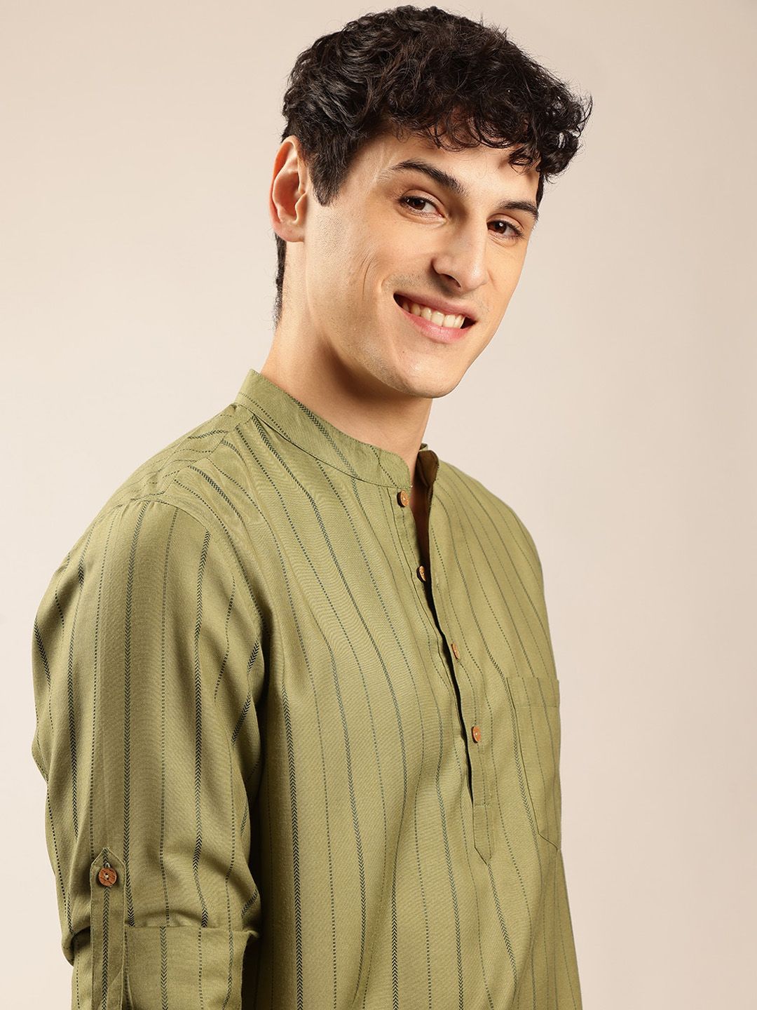 Anouk Striped Mandarin Collar Roll-Up Sleeves Short Kurta