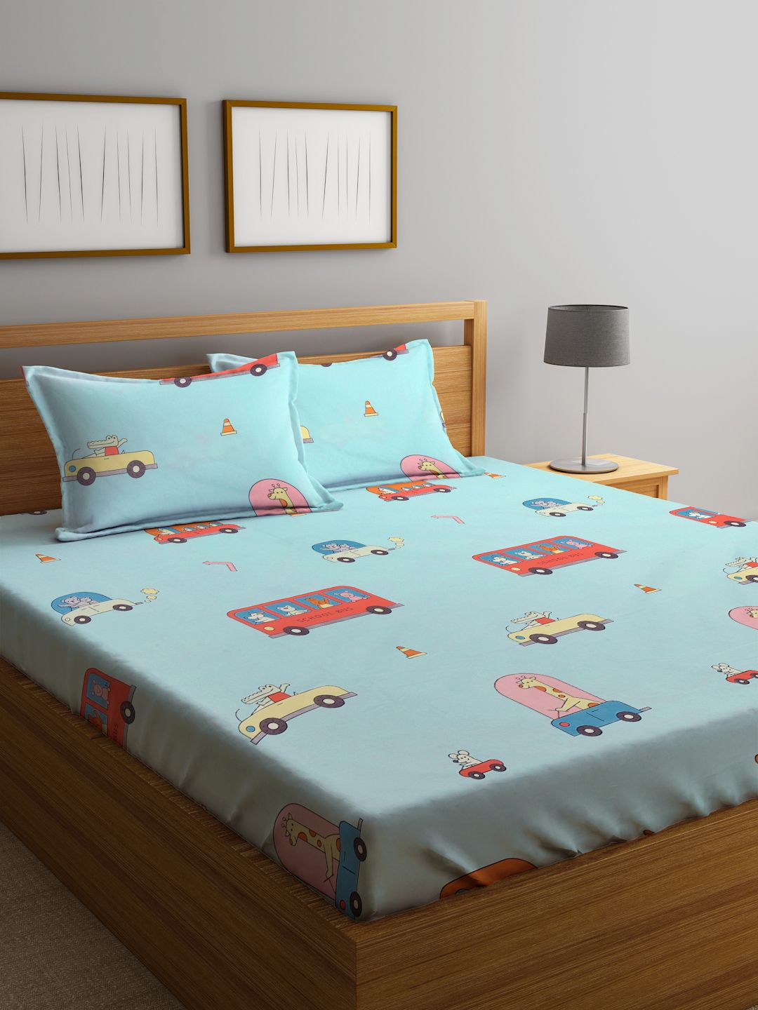 KLOTTHE  Cartoon Characters Printed 300 TC Fitted Double Bed Sheet with 2 Pillow Covers