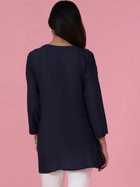 House of Chikankari Women Navy Blue Rayon Chikankari Sulam Kurti