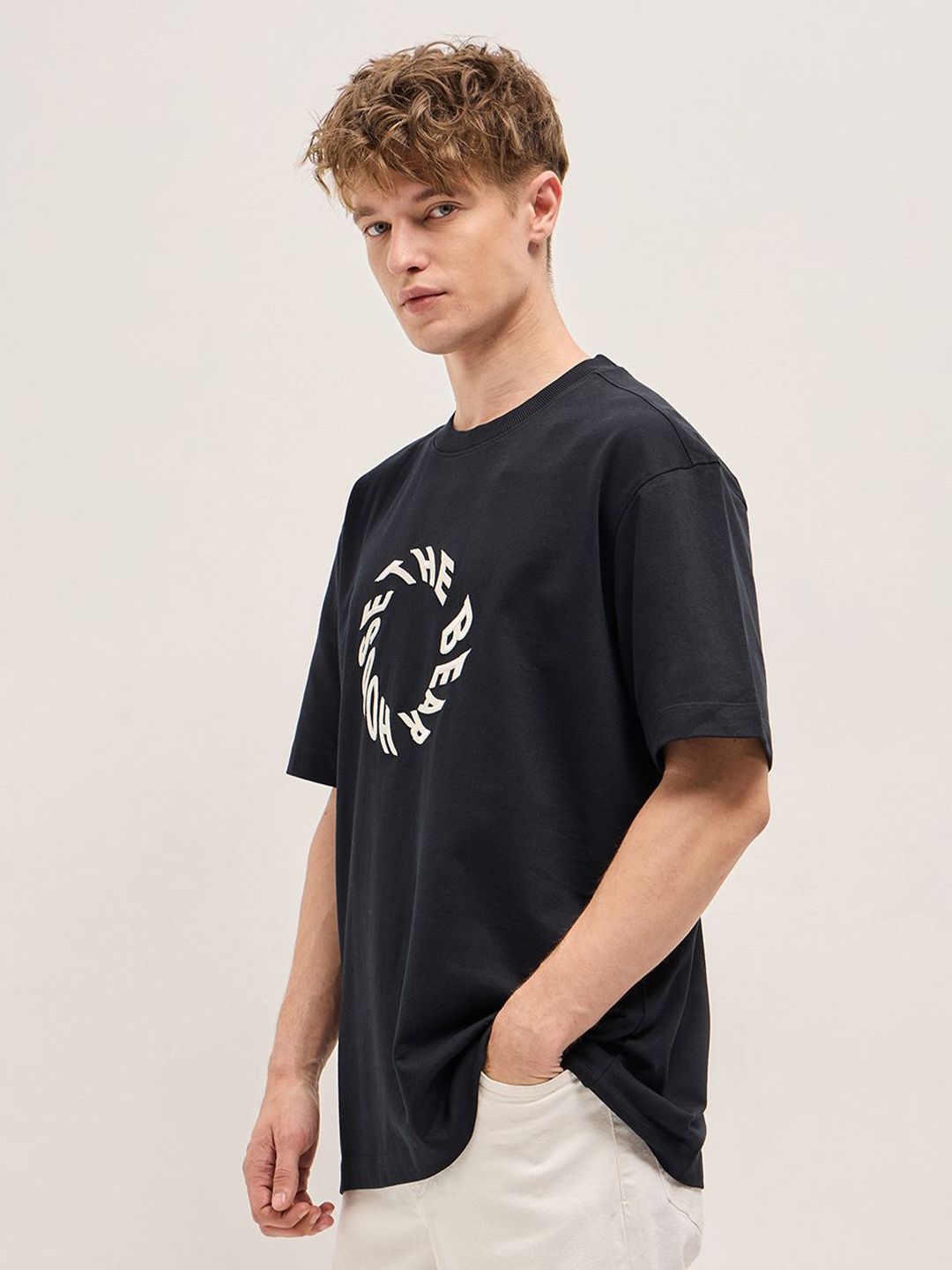 THE BEAR HOUSE Men Typography Printed Round Neck Cotton Oversized T-shirt