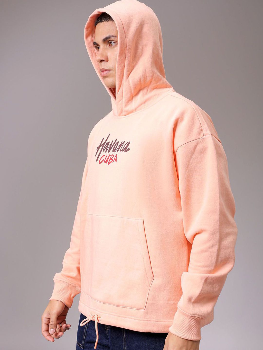 The Indian Garage Co Men Peach Printed Long Sleeves Pullover Hooded Neck Sweatshirt