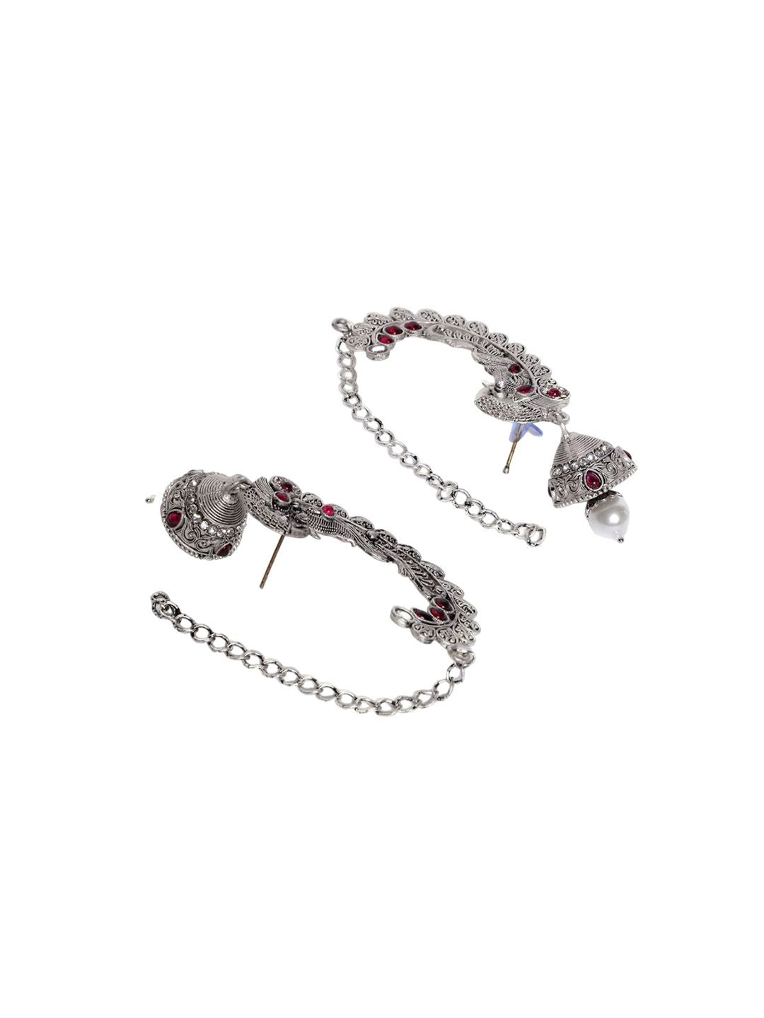 PANASH Silver Plated Kundan Studded Peacock Shaped Ear Cuffs Jhumka Earrings