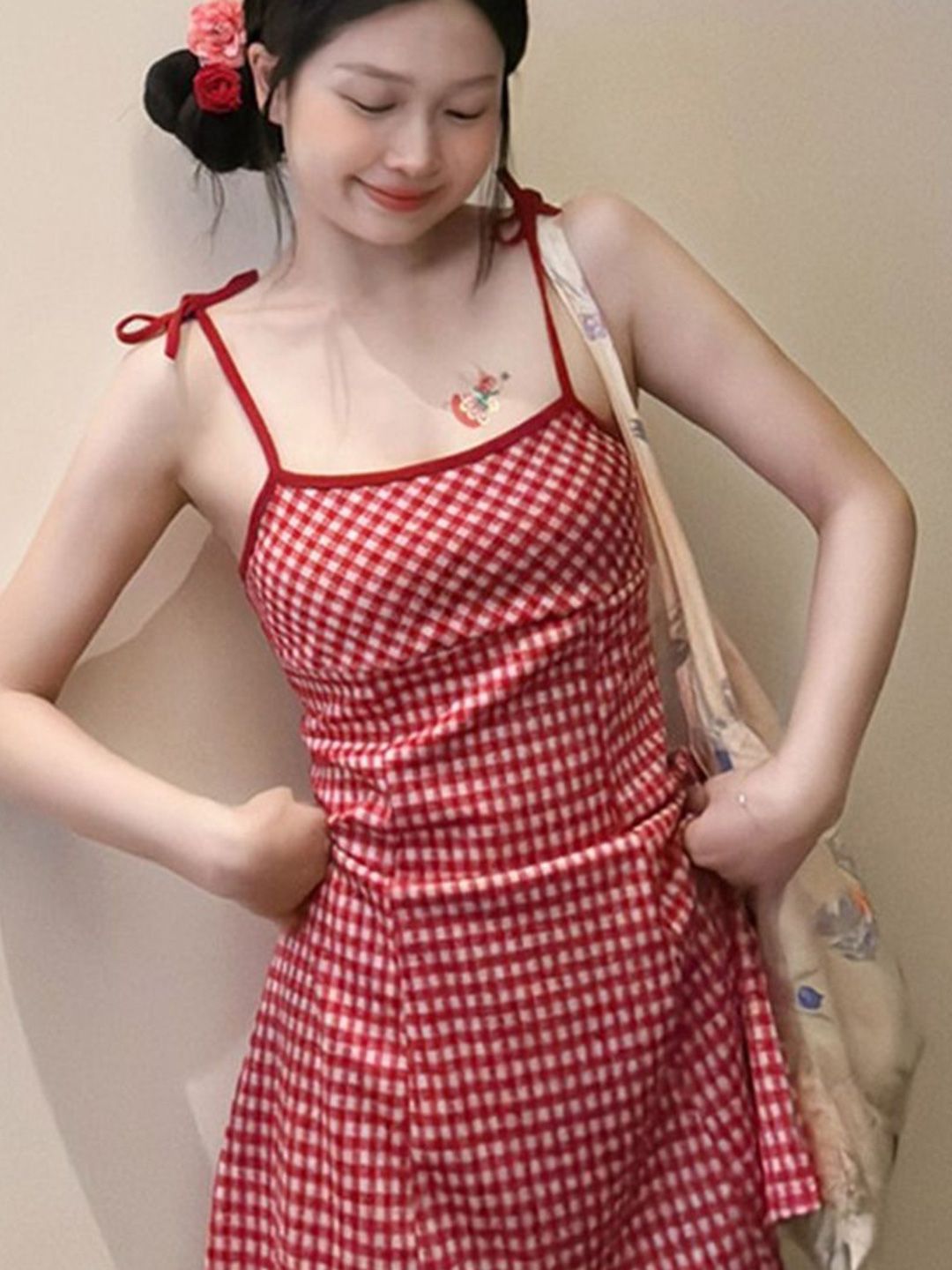 DressBerry CheckedShoulder Straps Sheath Mini Dress