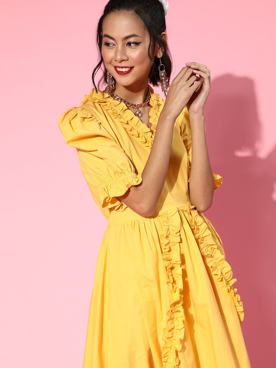 Athena Women Stylish Yellow Geometric Ruffled Dress