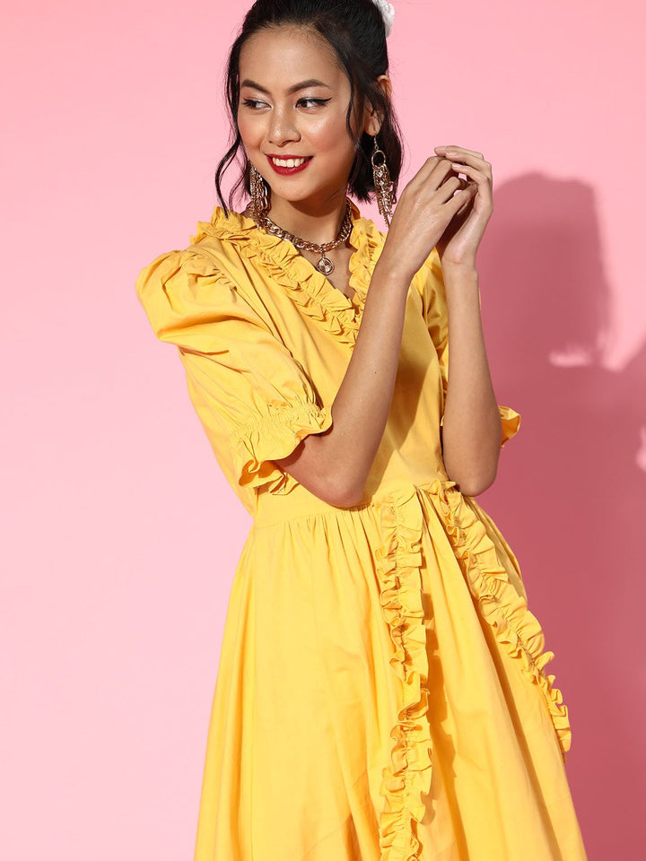 Athena Women Stylish Yellow Geometric Ruffled Dress
