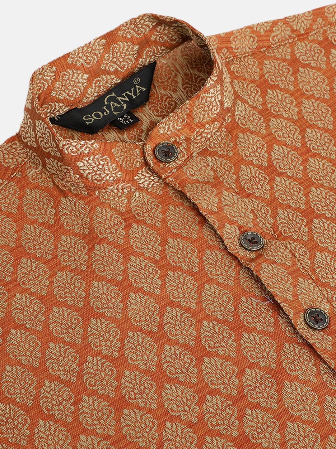 SOJANYA Boys Orange & Golden Ethnic Motifs Jacquard Straight Kurta