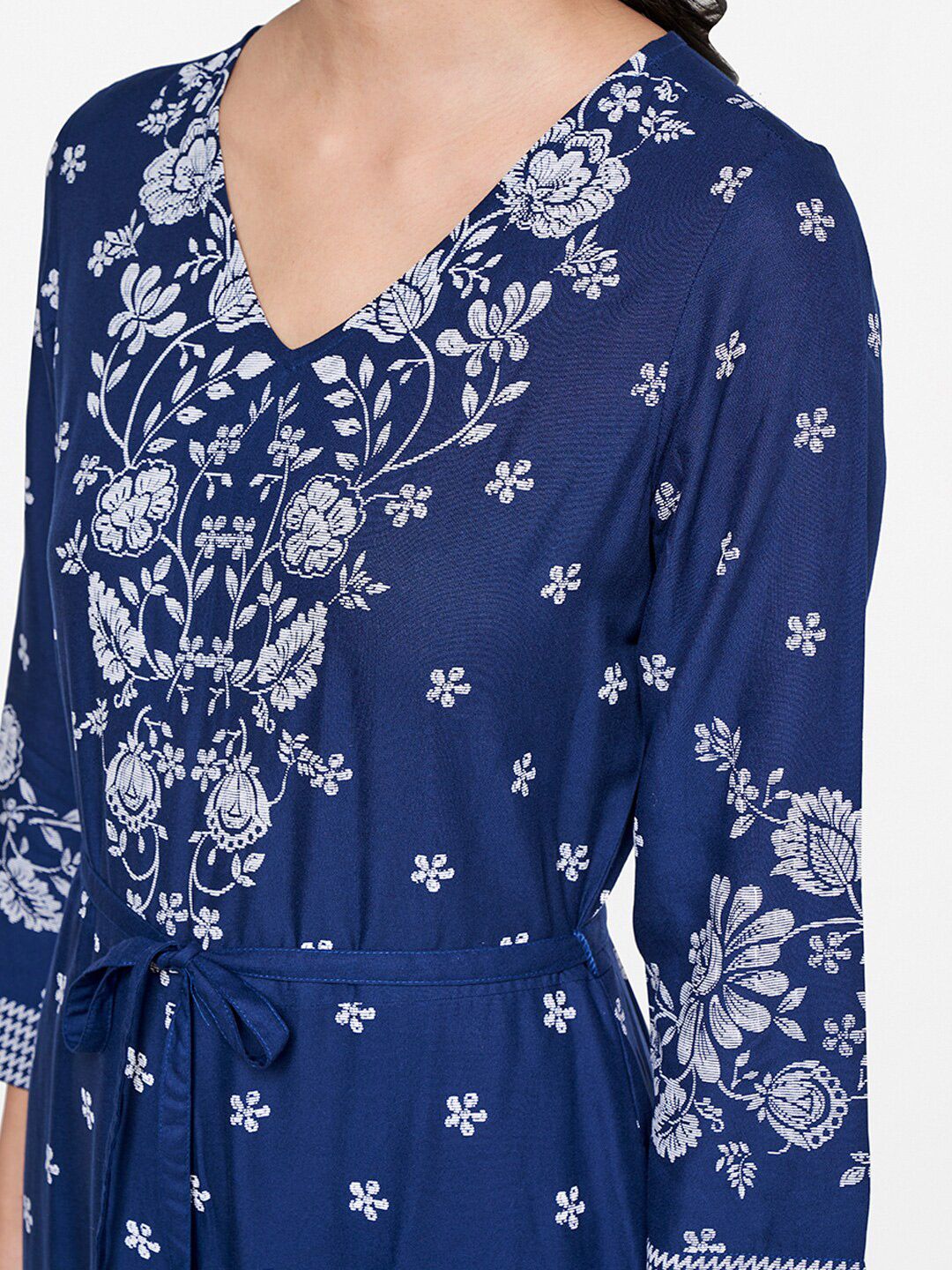 Global Desi Blue & White Printed Basic Jumpsuit