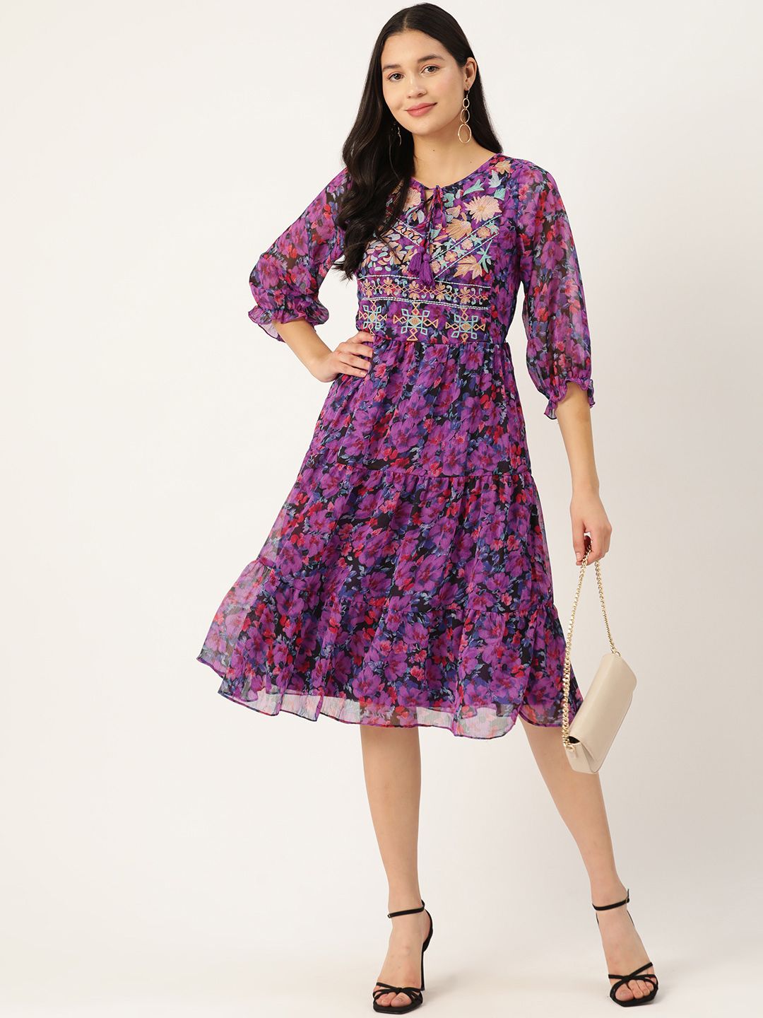 Antheaa Floral Print Tie-Up Neck Puff Sleeve Chiffon A-Line Dress
