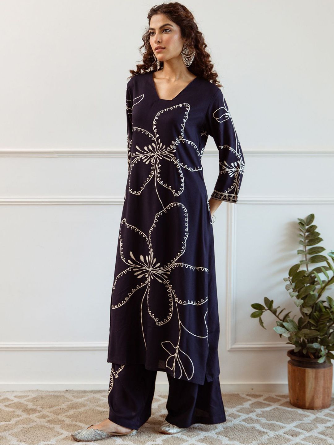 Indo Era Women Floral Embroidered Regular Sequinned Kurta with Trousers