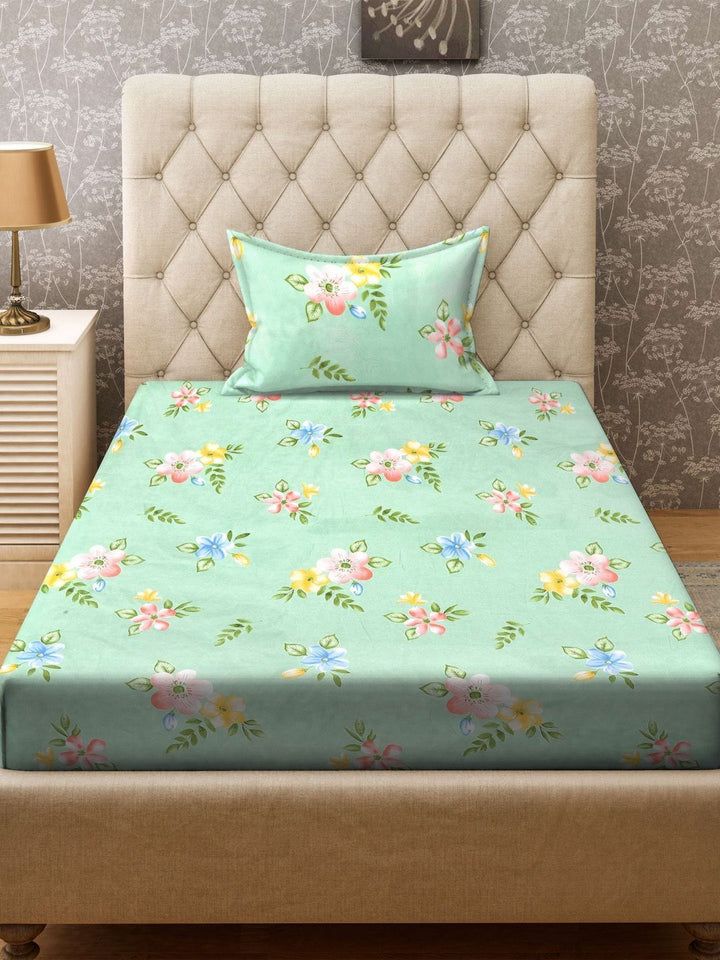 KLOTTHE Green & Pink Printed 300TC Single Bedsheet & Pillow Covers