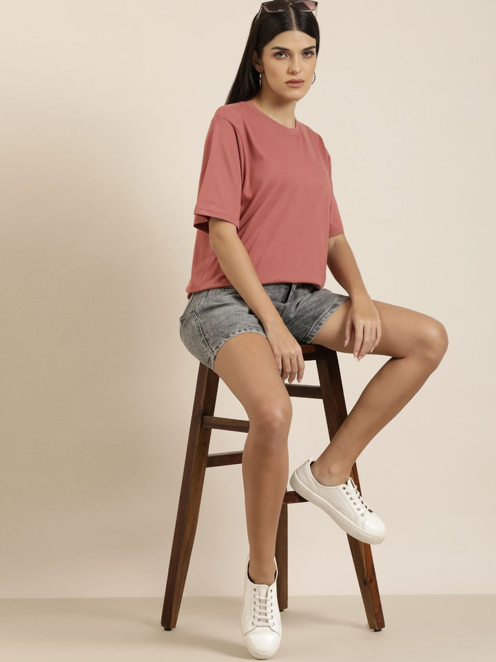 DILLINGER Women Dusty Pink Solid Pure Cotton Oversized T-shirt