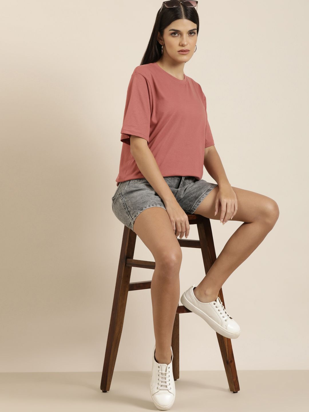 DILLINGER Women Dusty Pink Solid Pure Cotton Oversized T-shirt