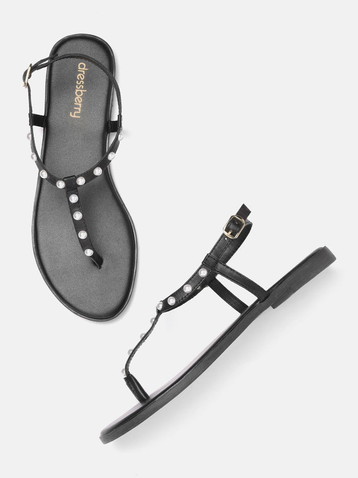 DressBerry Women Beaded T-Strap Flats