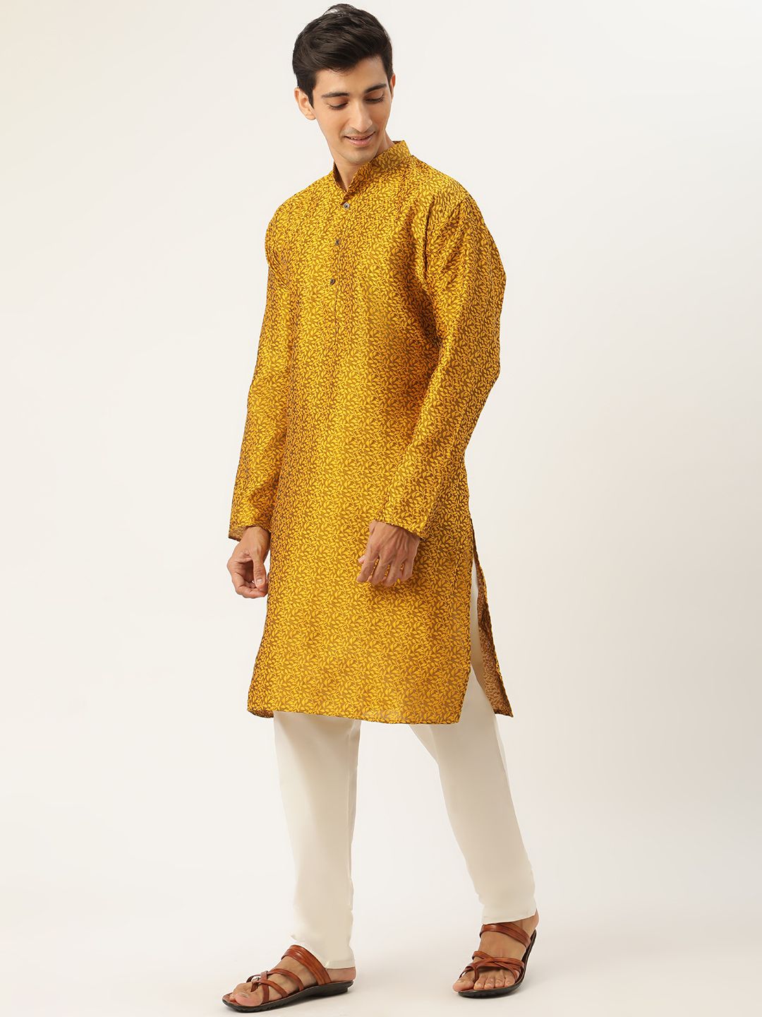 SOJANYA Men Mustard Yellow Self Design Jacquard Silk Kurta with Churidar & Nehru Jacket