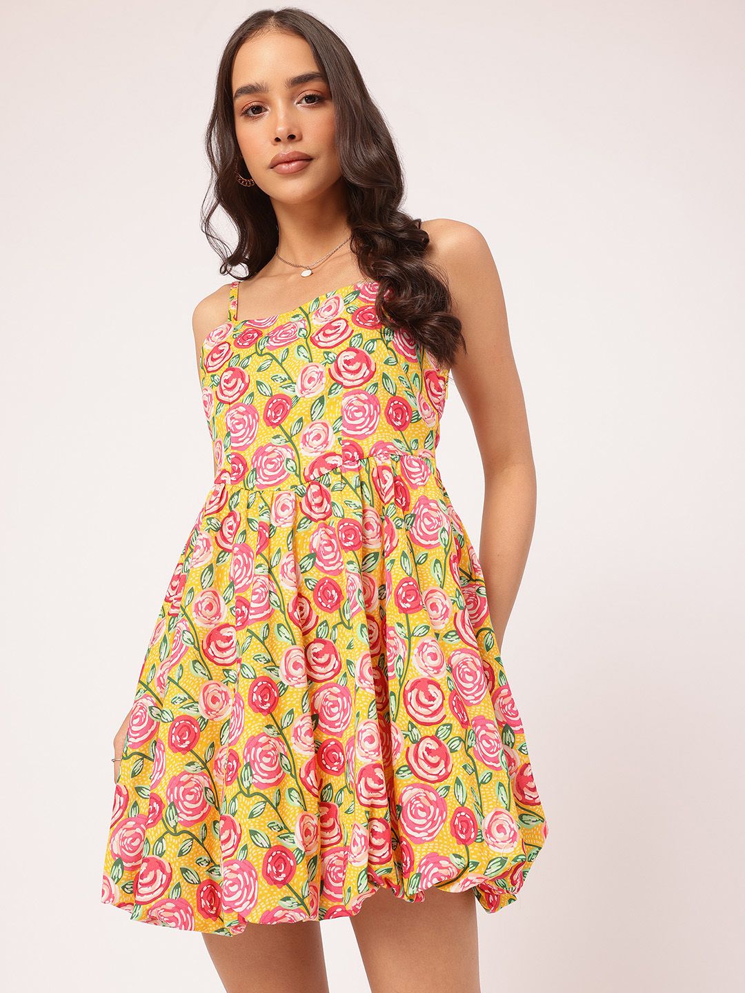 DressBerry Sweet & Subtle Floral Printed Shoulder Straps A-Line Mini Dress