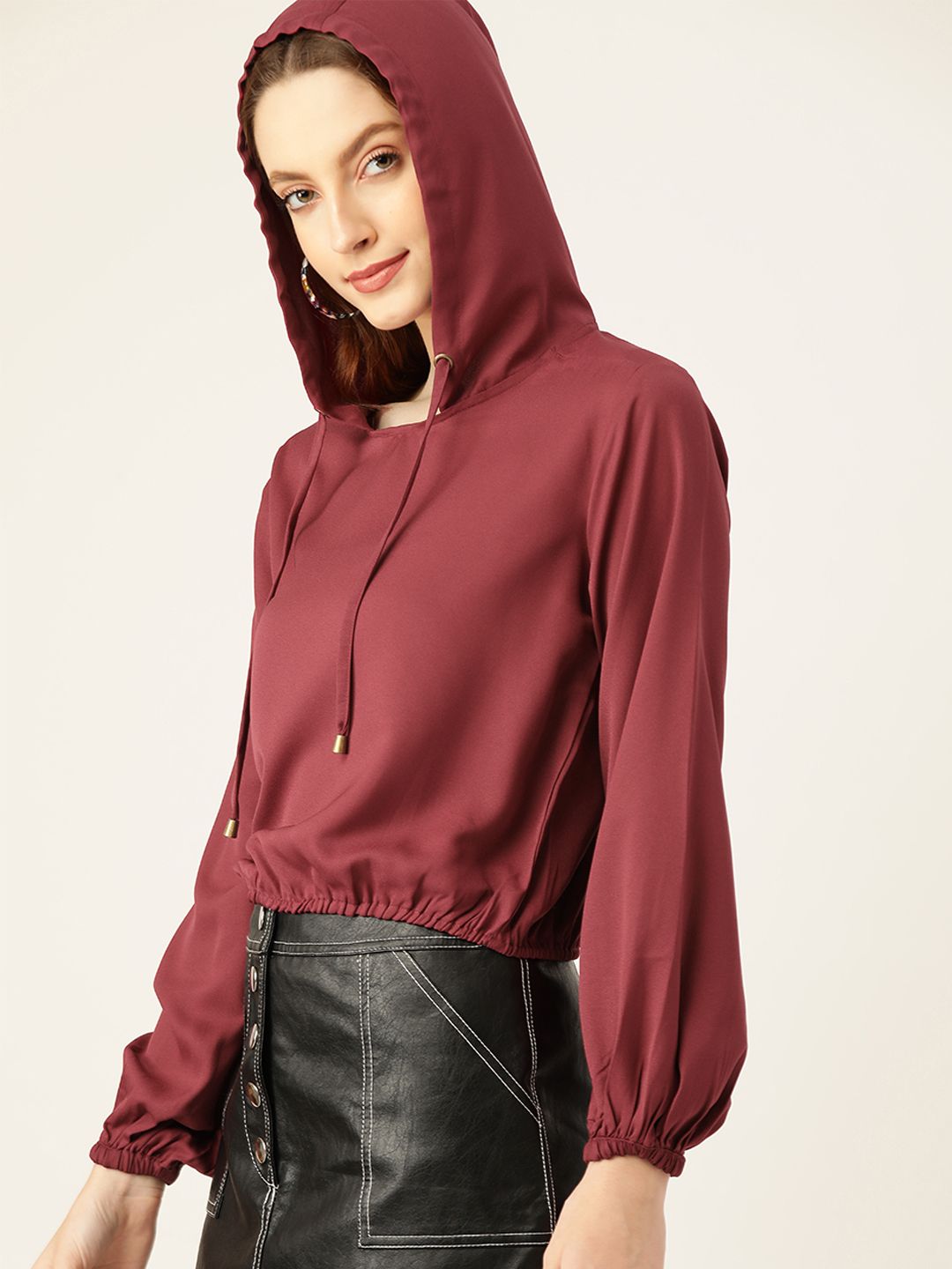 DressBerry Burgundy Hooded Solid Blouson Crop Top