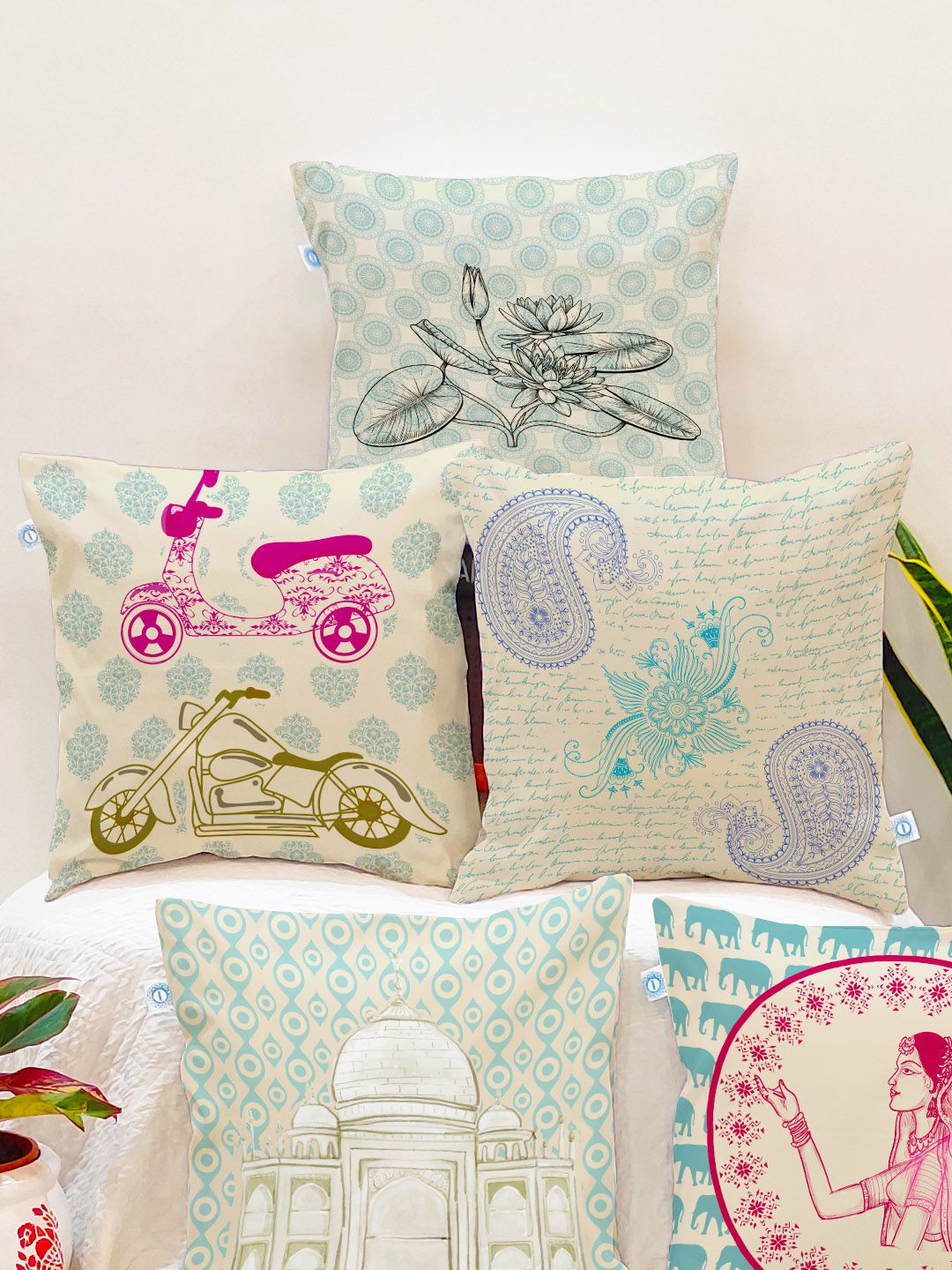 STITCHNEST Teal & Cream-Coloured Set of 5 Ethnic Motifs Square Cushion Covers