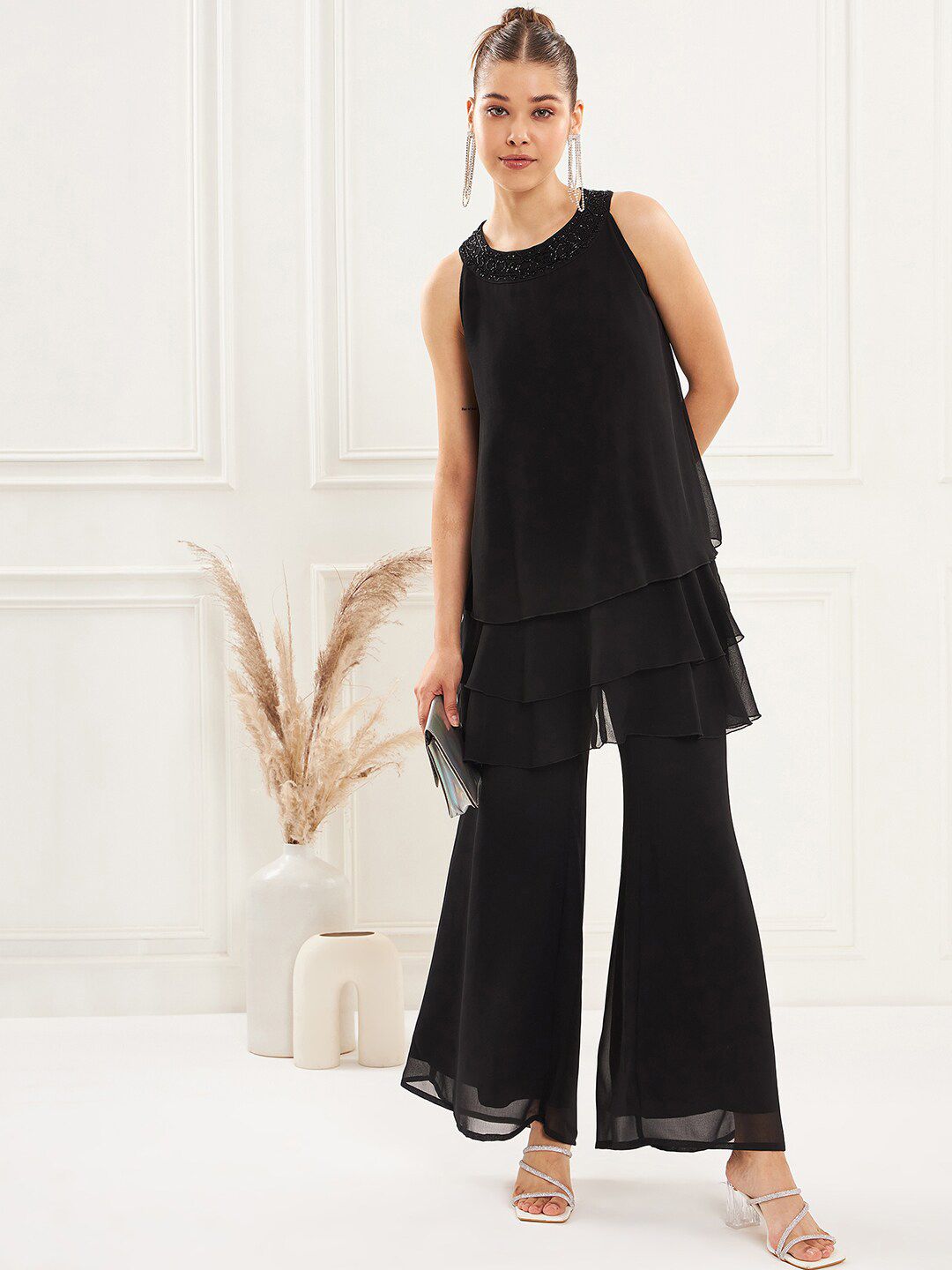 Antheaa Embellished Georgette Top & Palazzo