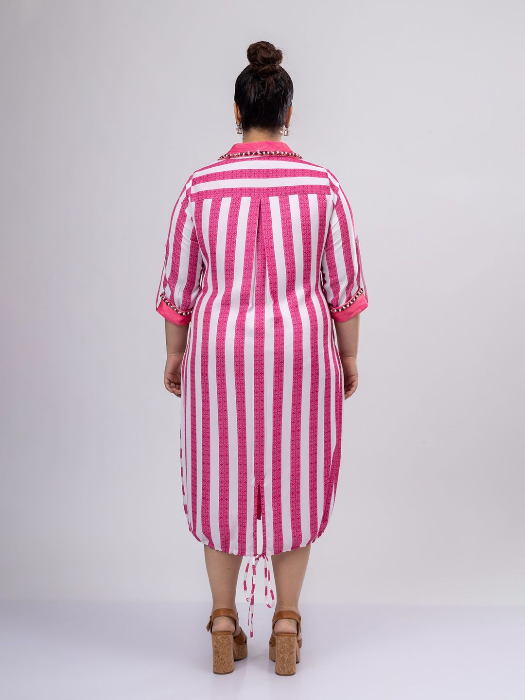 Mamicha Women Striped Shirt Collar Roll-Up Sleeves Midi Shirt Dress