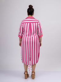 Mamicha Women Striped Shirt Collar Roll-Up Sleeves Midi Shirt Dress