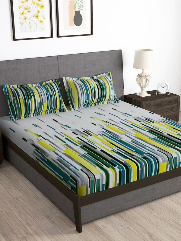 Story@home Grey & Green 180 TC Queen Bedsheet with 2 Pillow Covers