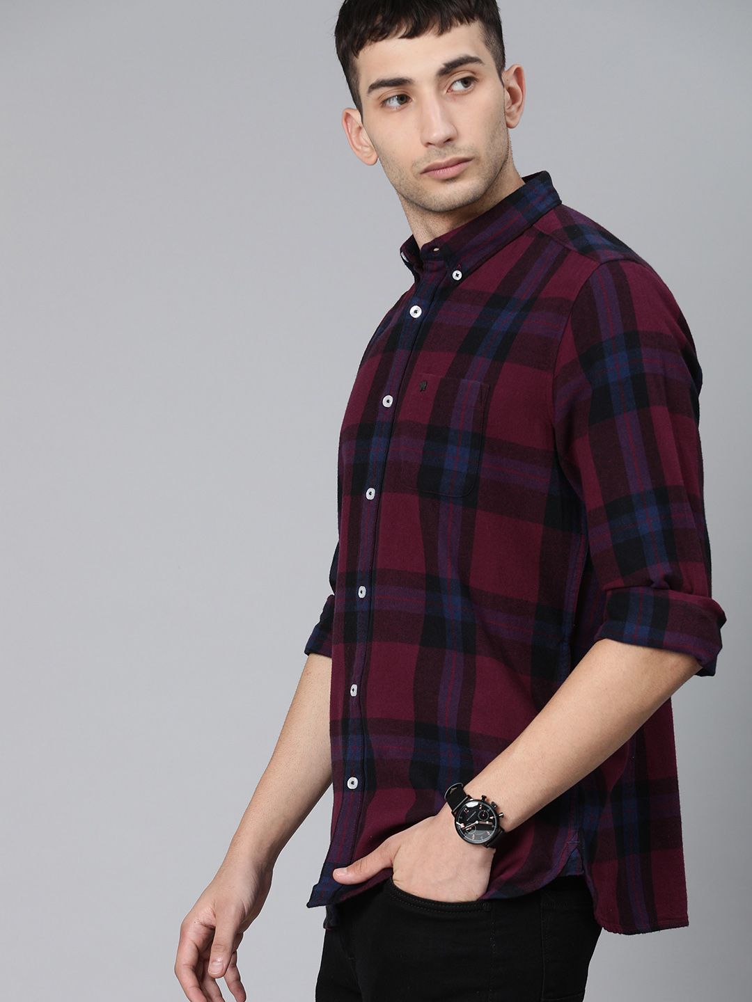 THE BEAR HOUSE Men Maroon & Navy Blue Slim Fit Checked Flannel Casual Shirt
