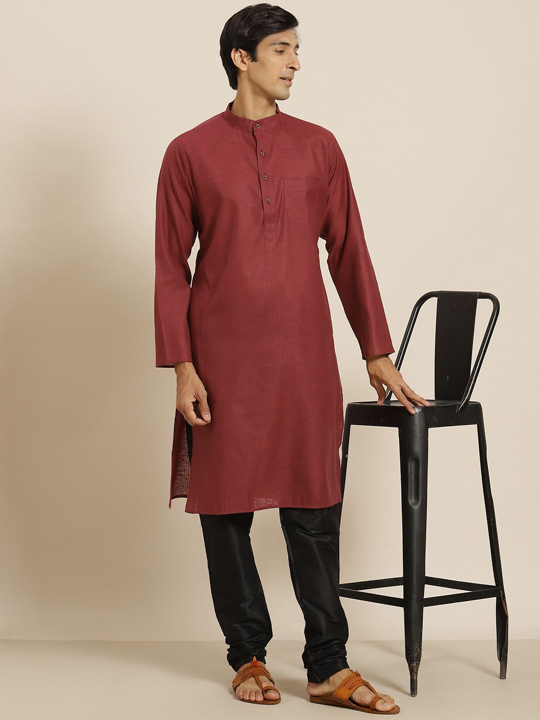 SOJANYA Men Maroon Cotton Self-Striped Straight Kurta