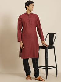 SOJANYA Men Maroon Cotton Self-Striped Straight Kurta
