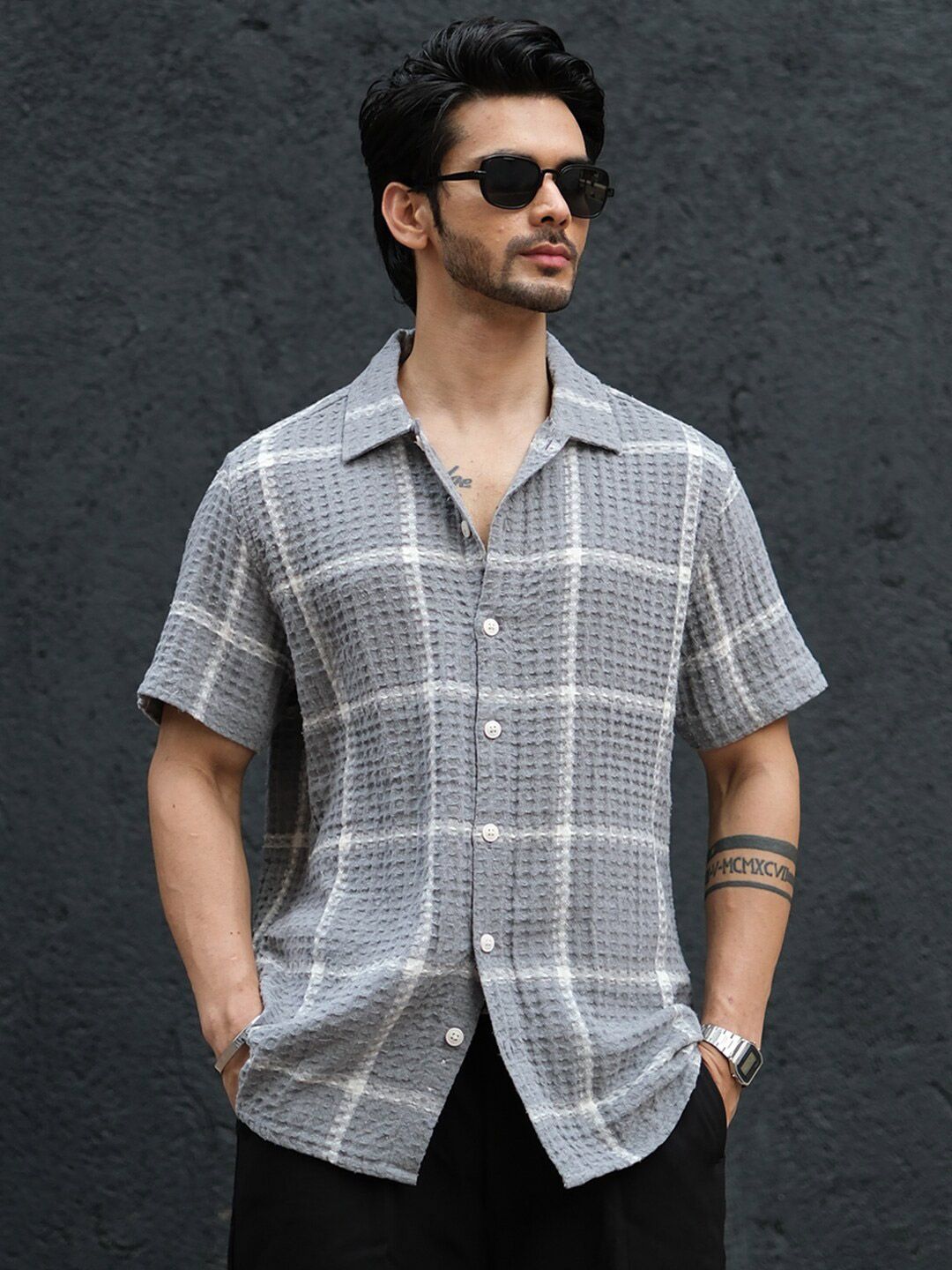 Powerlook Men Spread Collar Tartan Checks Self Design Opaque Checked Casual Shirt