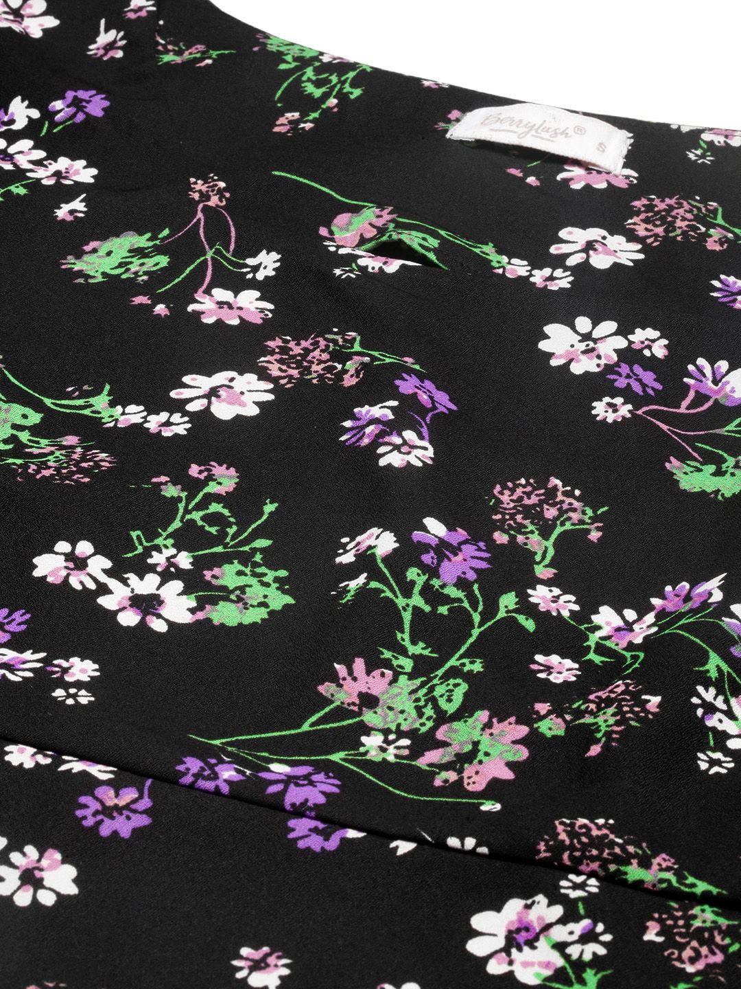 Berrylush Black Floral Printed Crepe Regular Crop Top