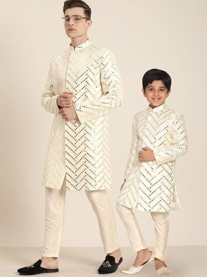 VASTRAMAY Boys Embroidered Mirror Work Sherwani With Trousers