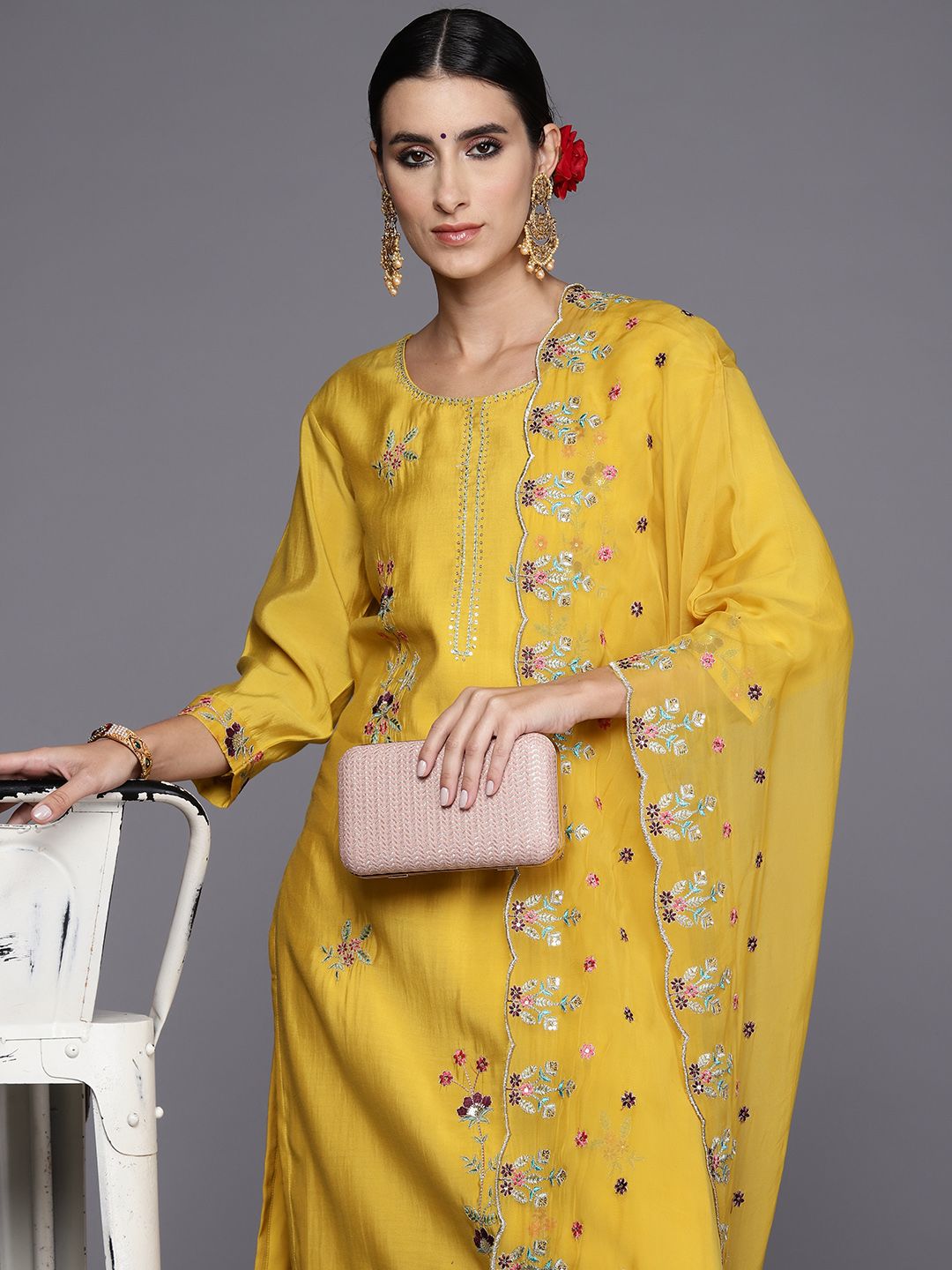 Indo Era Women Floral Embroidered Regular Thread Work Kurta with Trousers & Dupatta