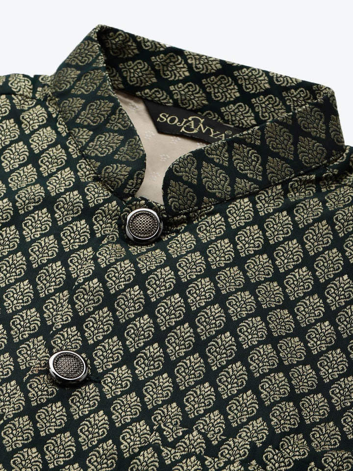 SOJANYA Men Maroon Woven Design Kurta with Churidar & Nehru Jacket