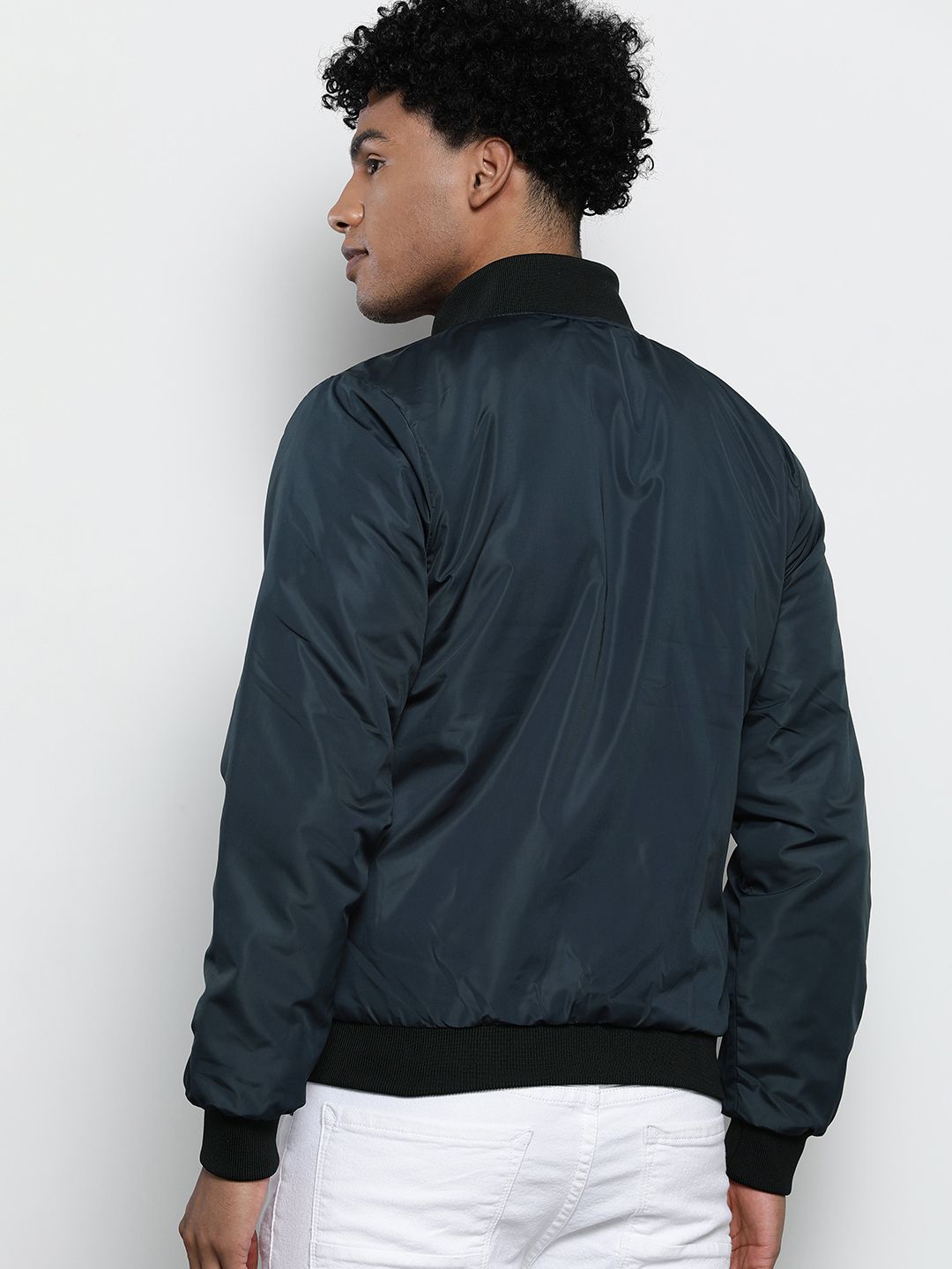 The Indian Garage Co Men Navy Blue Typography Bomber Jacket