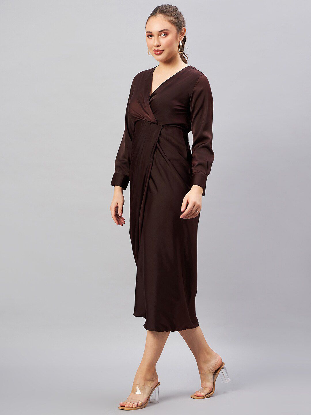Antheaa Brown V-Neck Long Cuffed Sleeves Satin Wrap Midi Dress