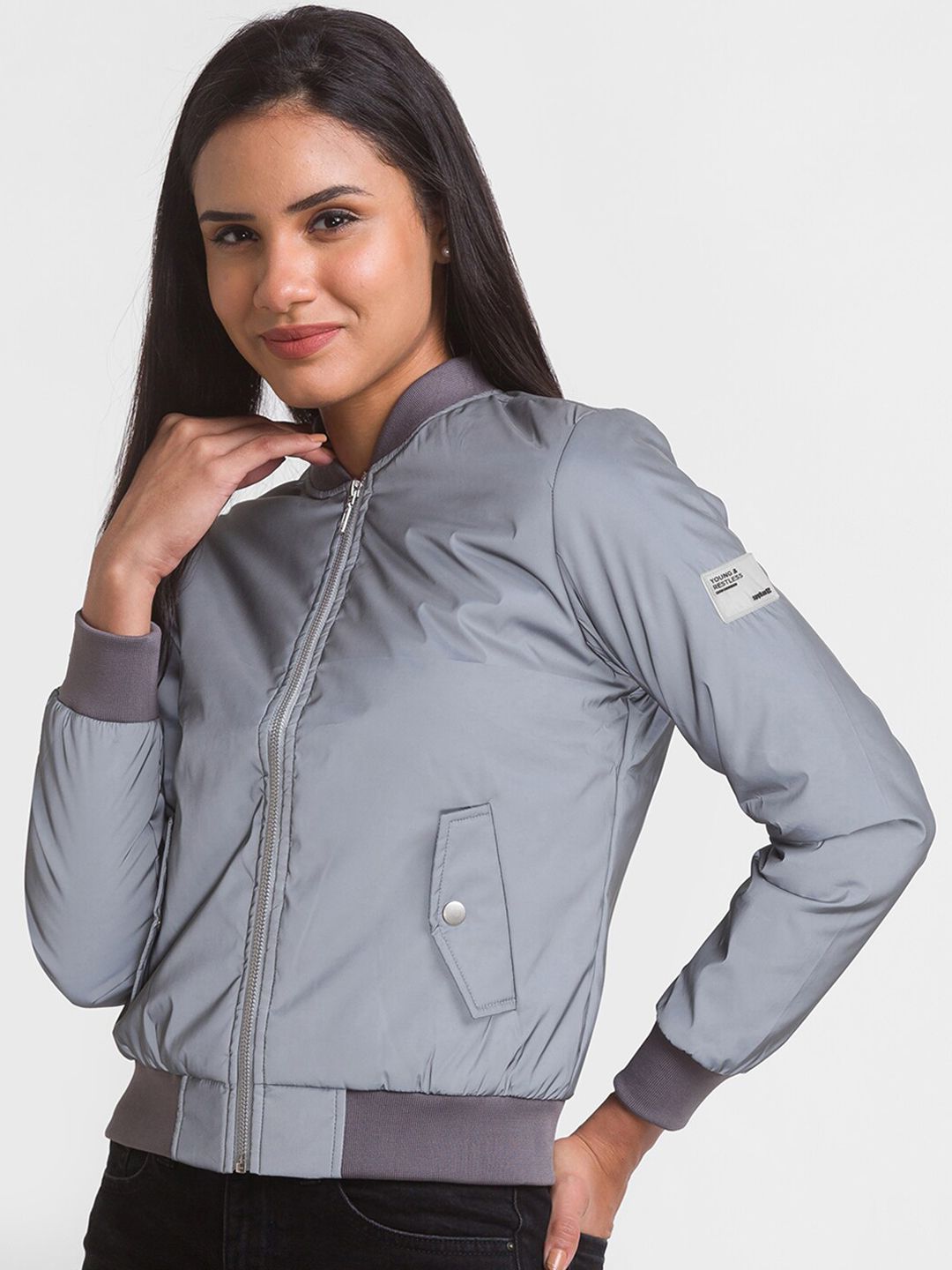 SPYKAR Women Silver-Toned Casual Bomber Jacket