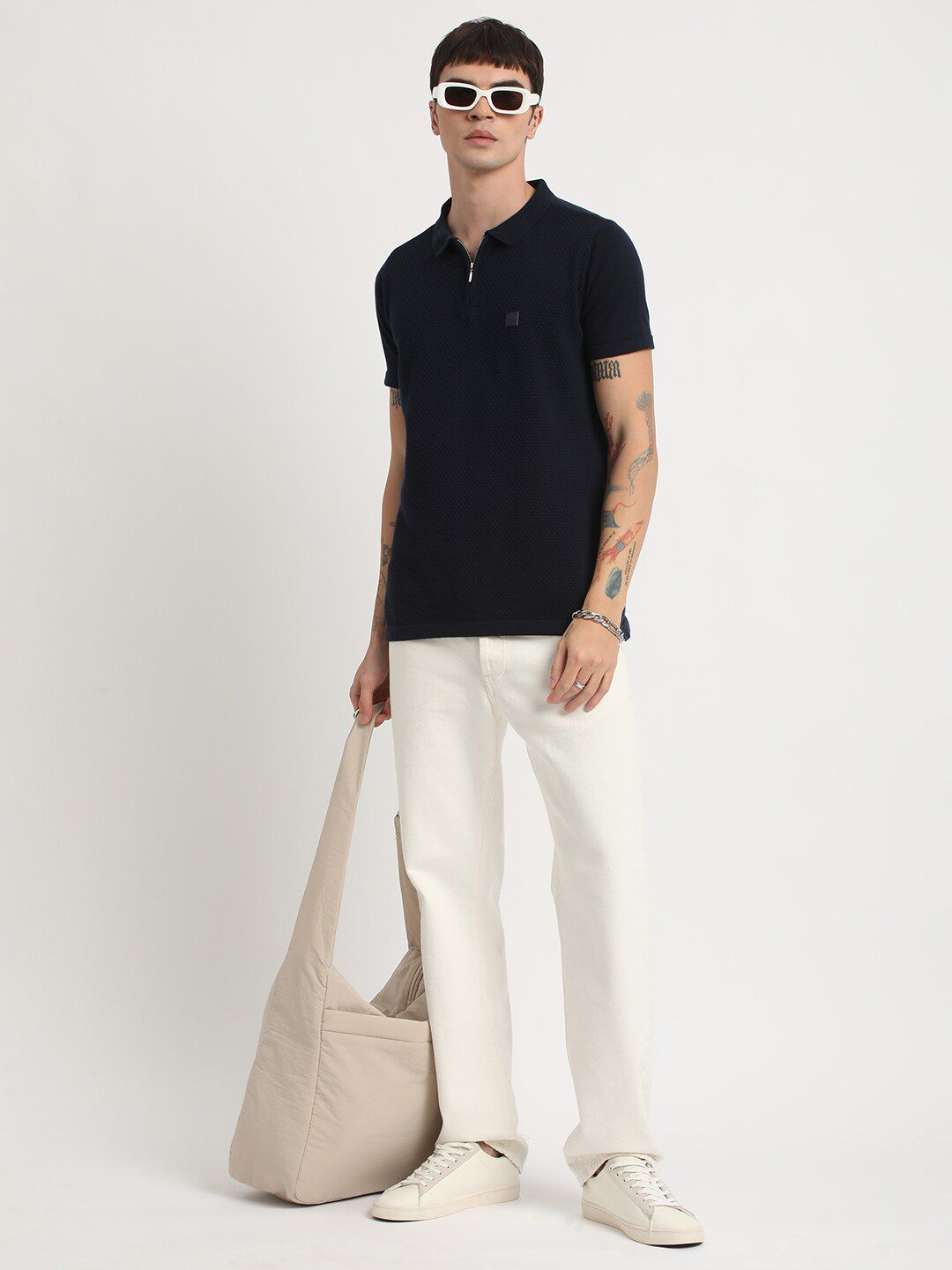 THE BEAR HOUSE Self Design Polo Collar Slim Fit Pure Cotton T-shirt
