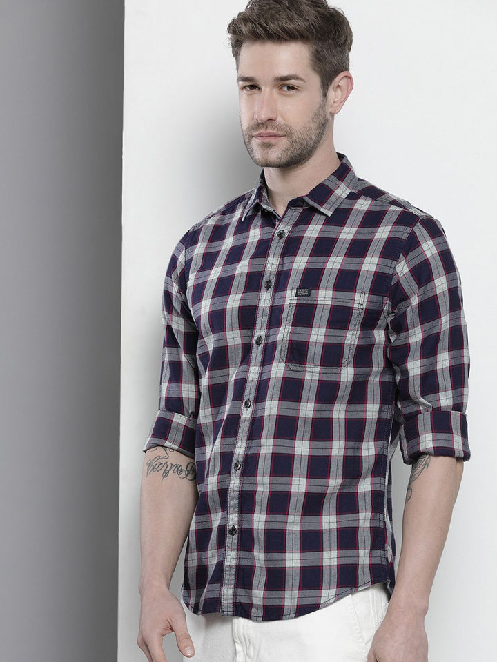 The Indian Garage Co Men Navy Blue & White Cotton Tartan Checked Casual Shirt