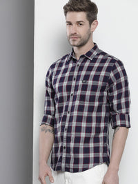 The Indian Garage Co Men Navy Blue & White Cotton Tartan Checked Casual Shirt
