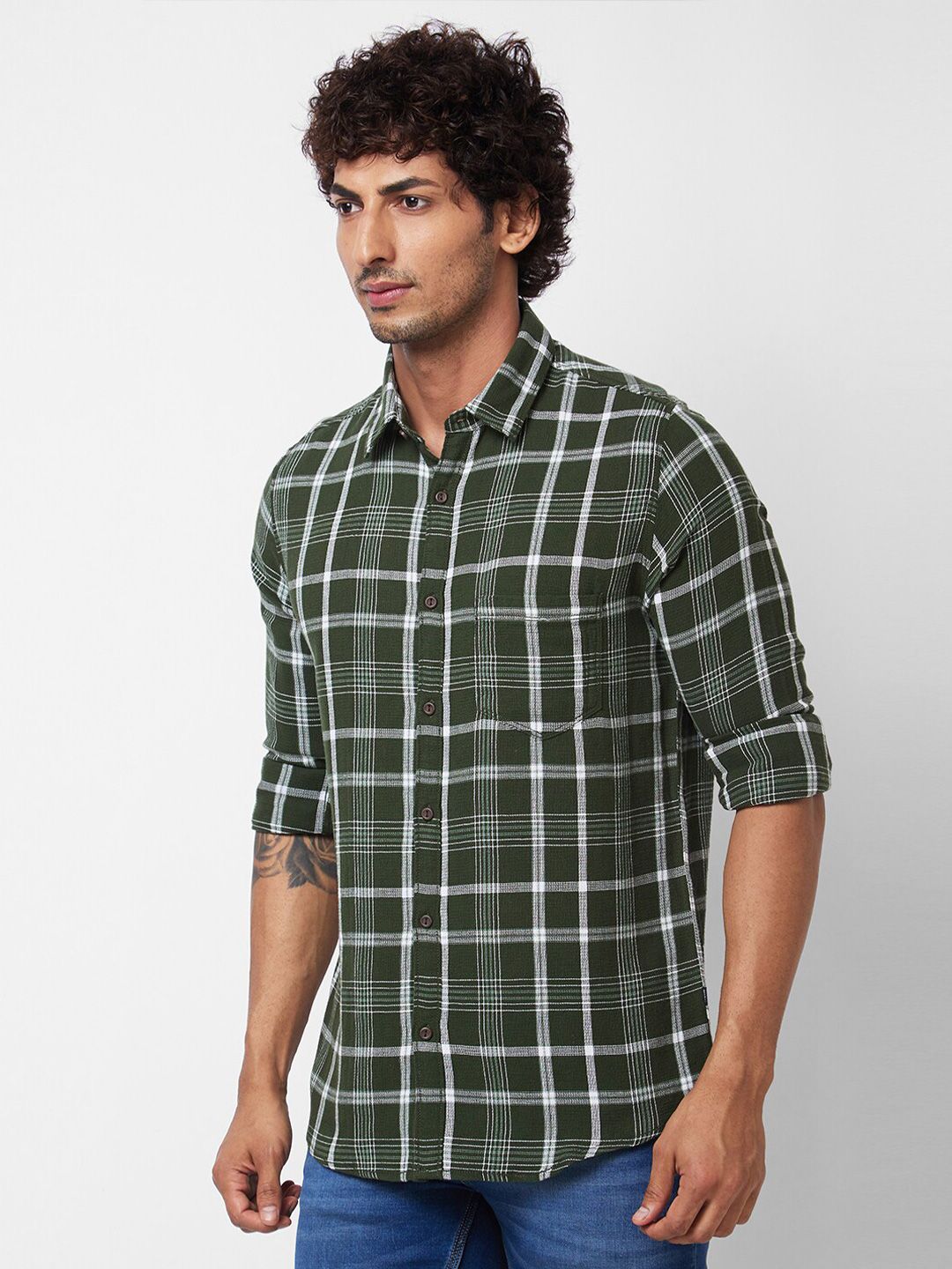 SPYKAR Spread Collar Long Sleeves Tartan Checks Cotton Casual Shirt