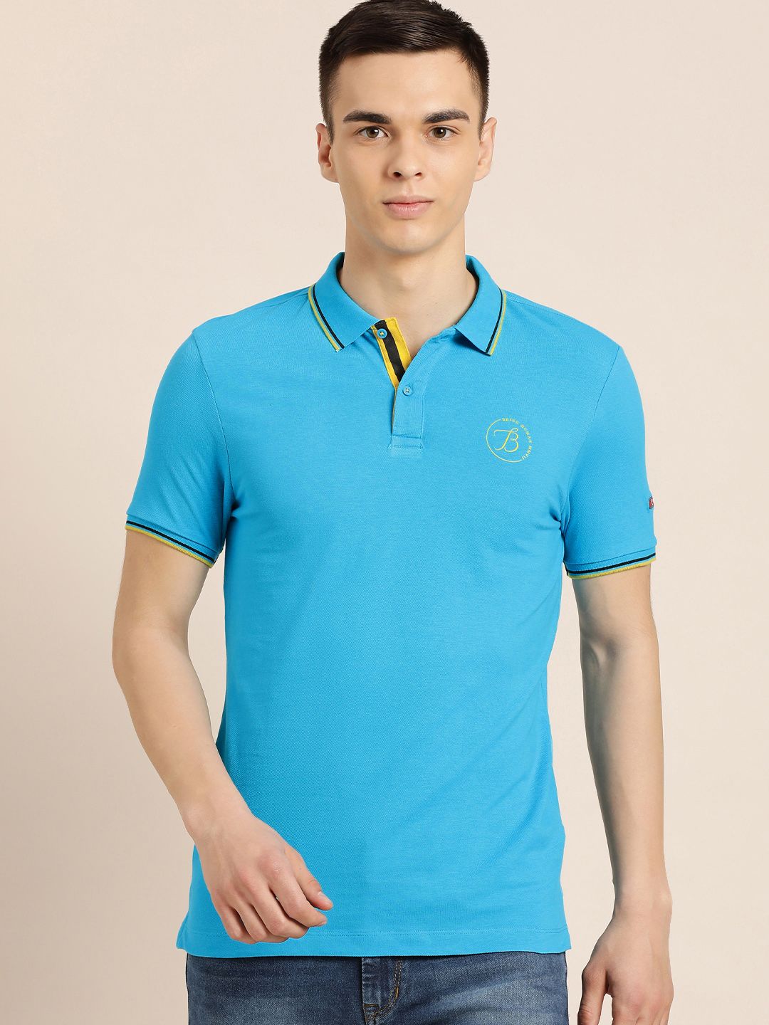 Being Human Men Blue Polo Collar Indigo Pure Cotton Slim Fit T-shirt With Brand Logo Print