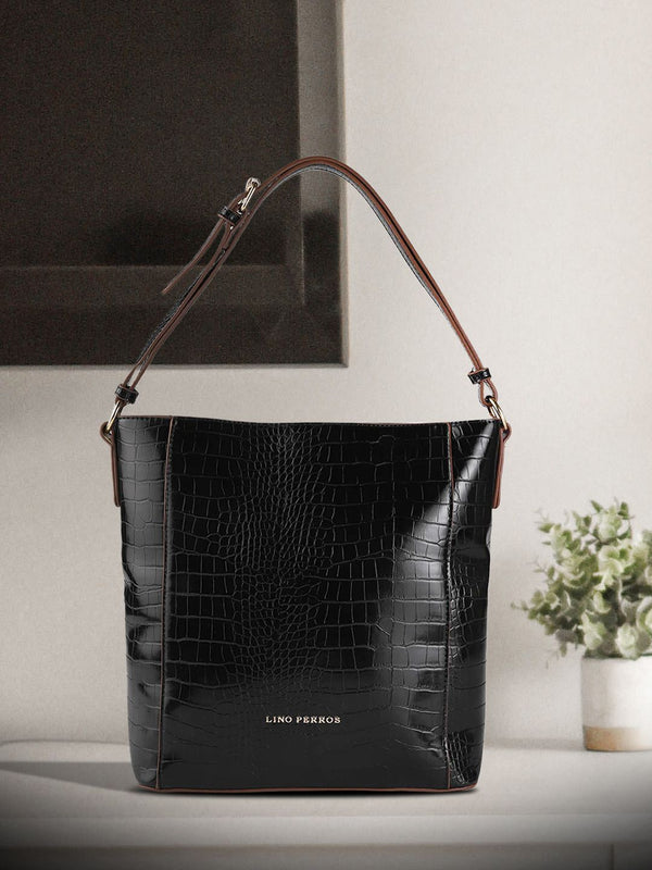 Lino Perros Black Croc Textured Shoulder Bag