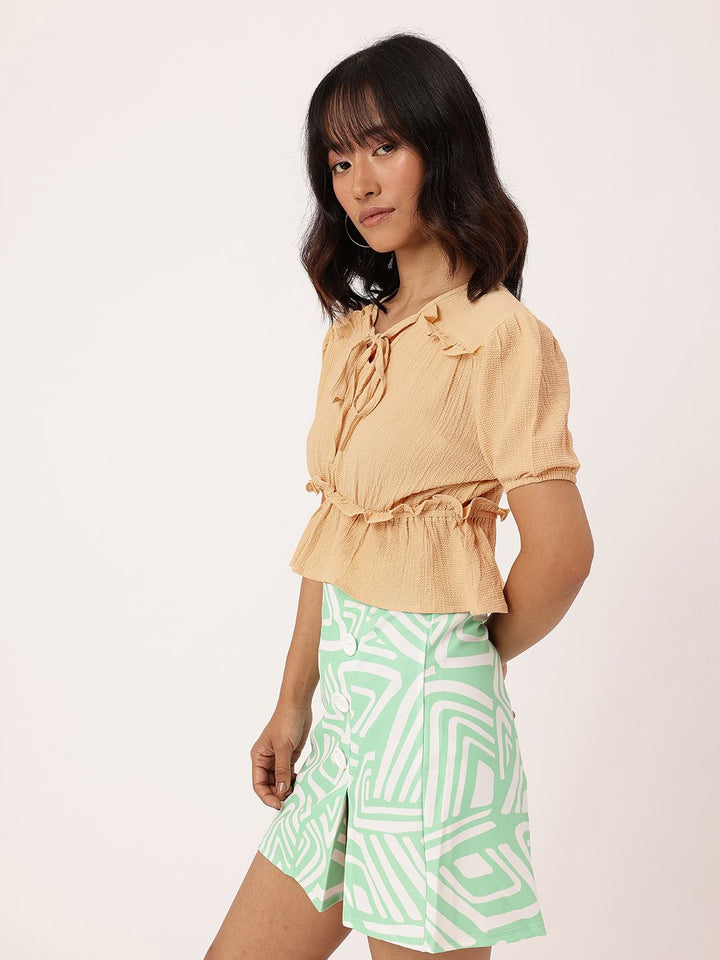 DressBerry Girly Glam Tie-Up Seersucker Ruched Peplum Crop Top