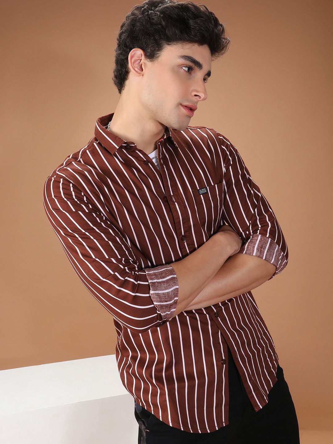 The Indian Garage Co Men Brown & White Slim Fit Striped Casual Shirt