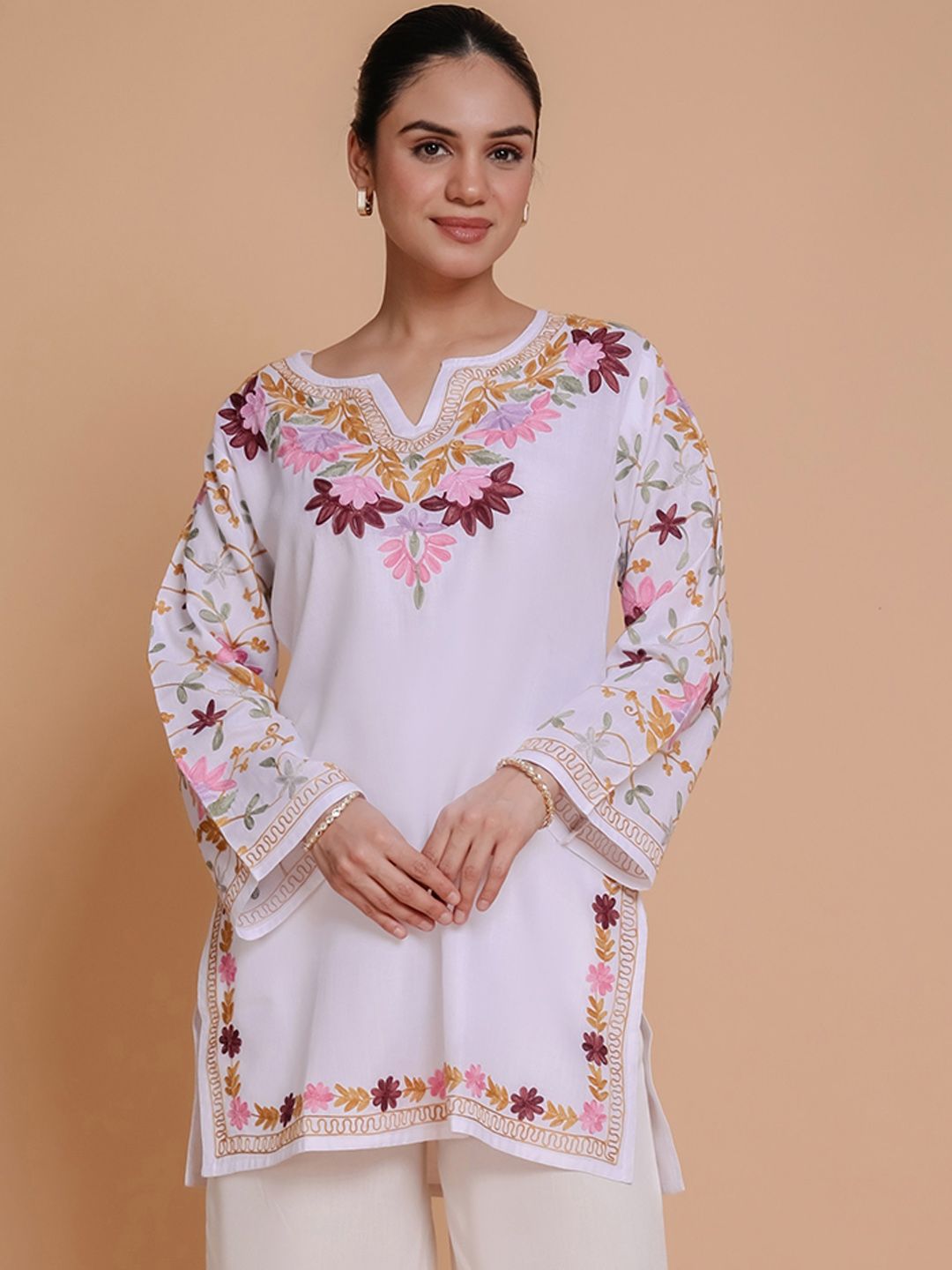 HOUSE OF KARI Floral Embroidered Notch Neck Cotton Straight Kurta