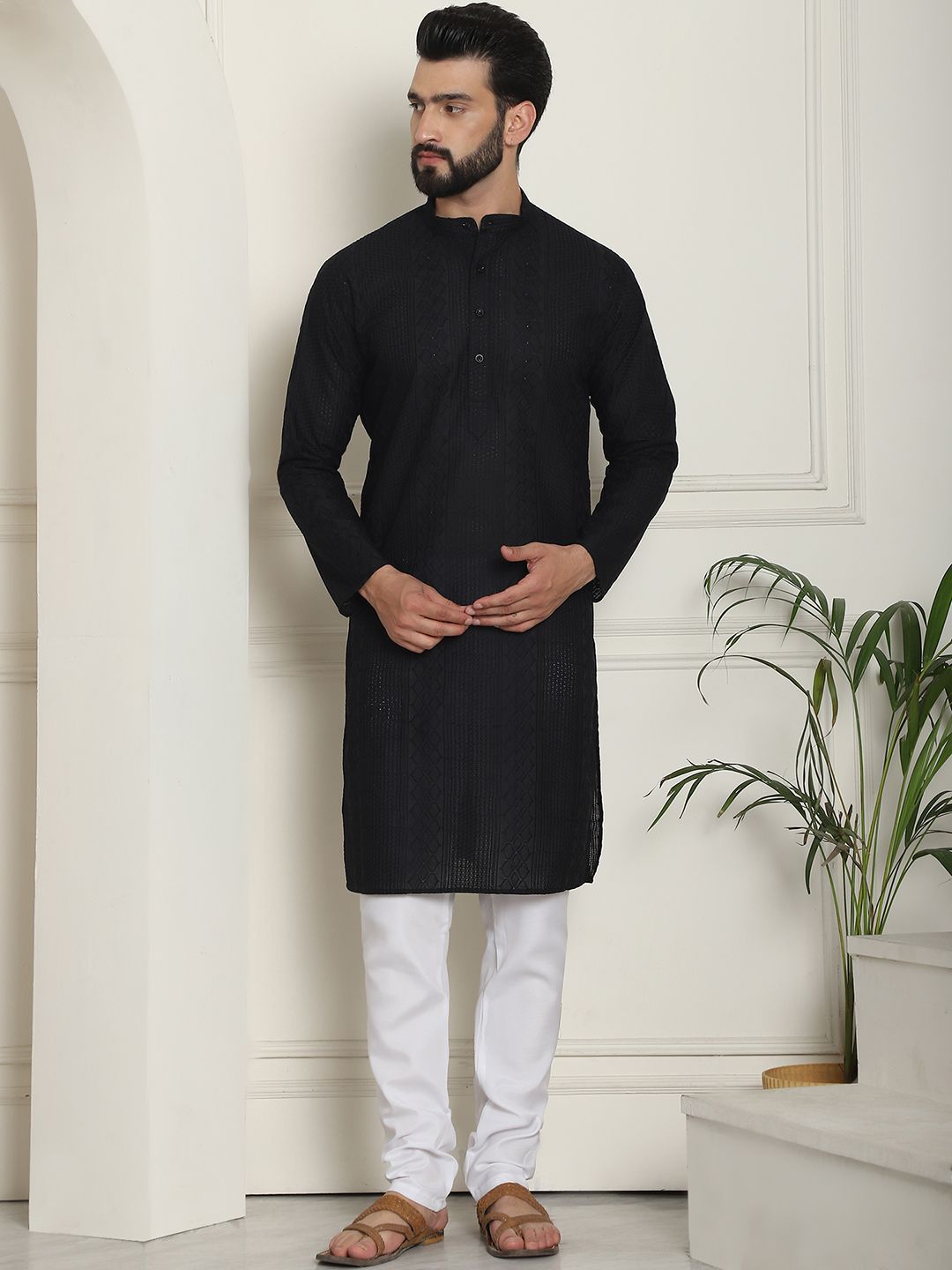 SOJANYA Geometric Embroidered Thread Work Pure Cotton Straight Kurta With Churidar